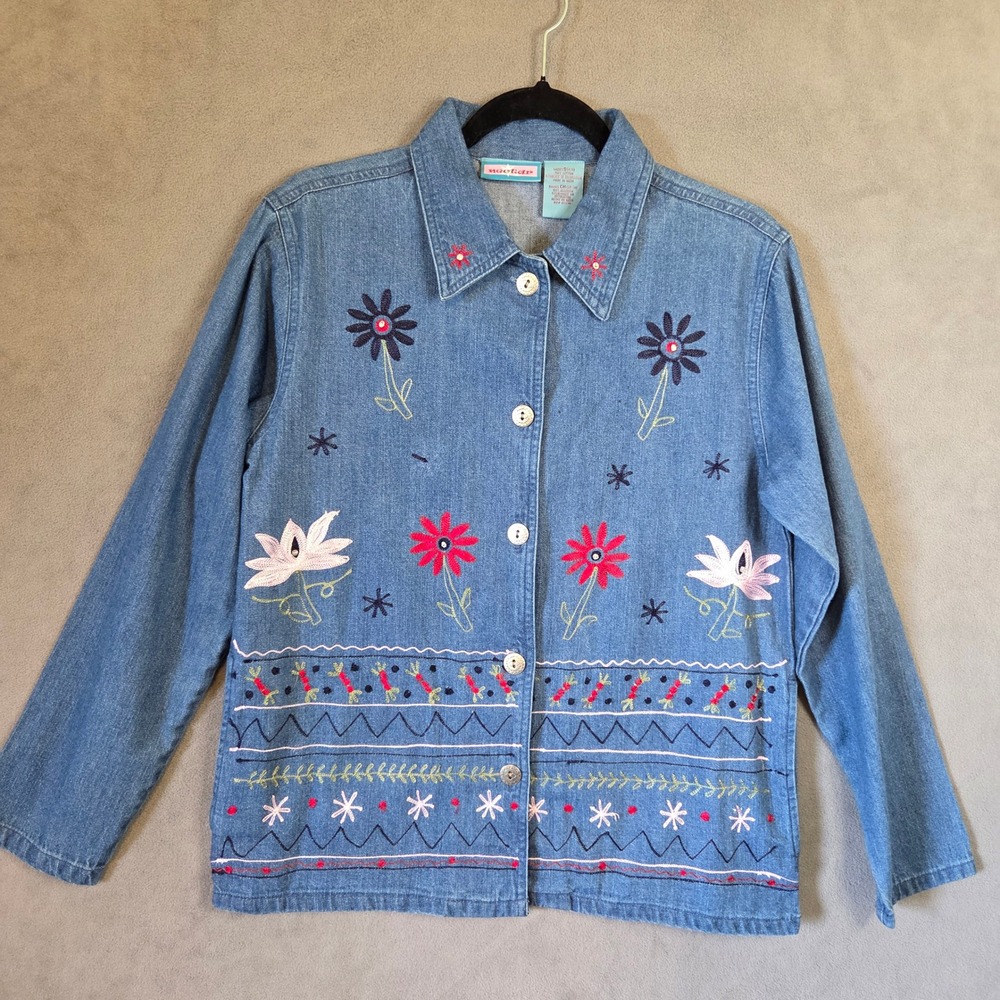 Nectar Floral Embroidered Denim Jacket Women Small Cottagecore Boho Y2K Art